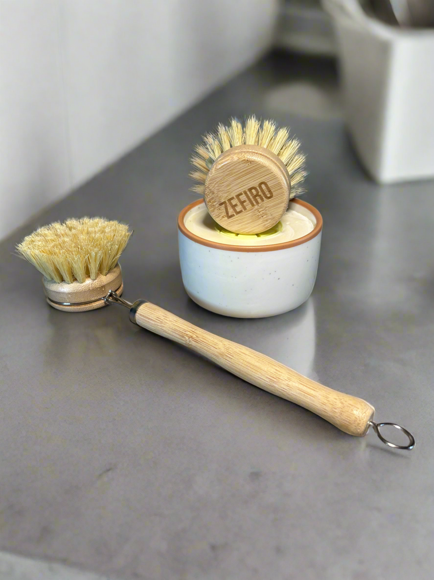 Bamboo Long Handle Dish Brush with Replaceable Head