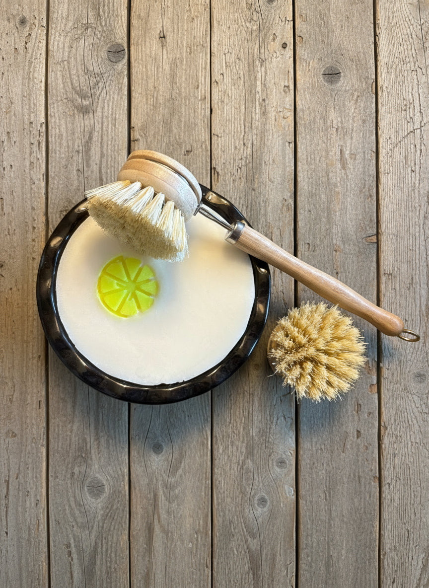 Solid Dish Soap Gift Set with Black Mini Pie Ceramic & Long Handle Bamboo Brush +replacement head