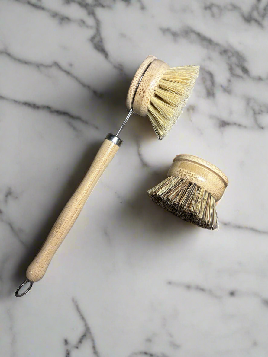 Solid Dish Soap Gift Set with Black Mini Pie Ceramic & Long Handle Bamboo Brush +replacement head