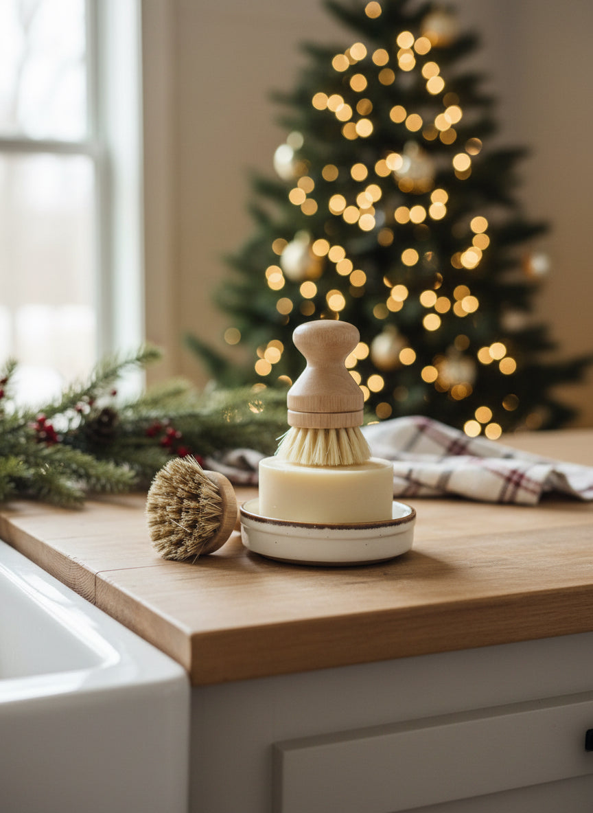 Solid Dish Soap Gift Set with Round Ceramic Ramekin and Bamboo Brush +replacement head